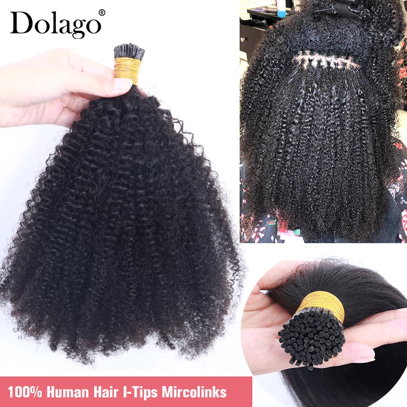 Afro Kinky Curly Human Hair 4B 4C I Tips Microlinks Brazilian Virgin Hair Extensions Hair Bulk Knots Black Color For Women