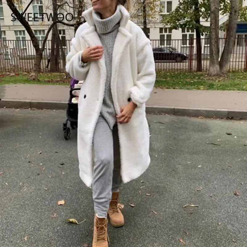 

Winter Notched Collar Hairy Shaggy Faux Fur Long Teddy Coat Ivory Woman Shearling Fluffy X-Long Jackets Keep Warm Outerwear 2022