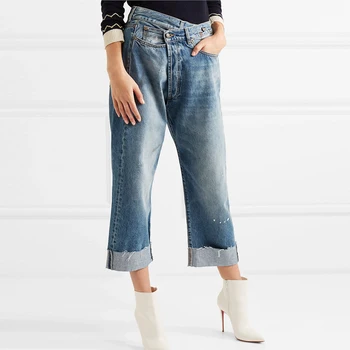 

Women High Waist Jeans Cuffed Frayed Edge Asymmetrical Jeans Pants Women