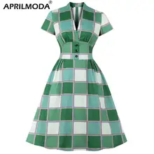 Женское зеленое винтажное платье в клетку размера плюс 4XL, женская одежда, Повседневные Вечерние платья в стиле рокабилли 1950 s, Vestdios