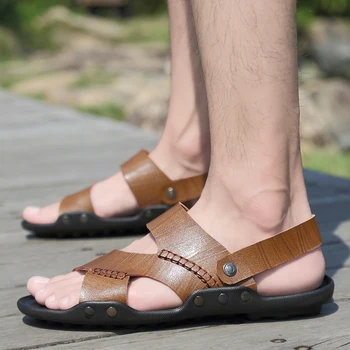

Genuine Leather Men's Sandals Summer Hollow handmade Sewing Black Shoes Men outdoor breathable Slip-On Soft Casual Sandals Male