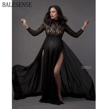 

Elegant Long Sleeve Maternity Maxi Gown Dresses for Photo Shoot Sexy Lace Bodysuit +High Split Pregnancy Gown Dress Photography