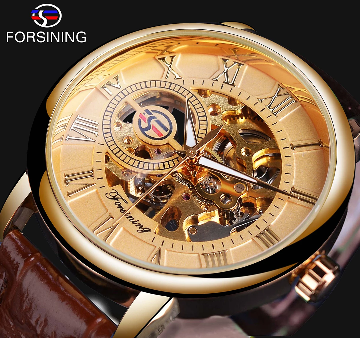 Forsining Golden Roman Men's Mechanical Watch Skeleton Transparent Slim Hand Winding Business Man Brown Leather Belts Wristwatch