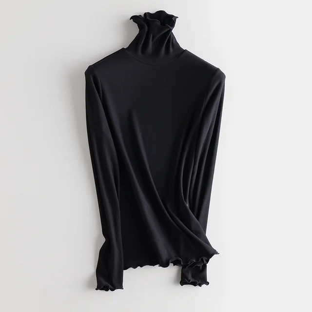 SuyaDream Women Bottoming T Shirt Real Silk Blend Long Sleeves Solid Basic Shirt 2021 Autumn Winter Turtleneck Top Black Turtleneck