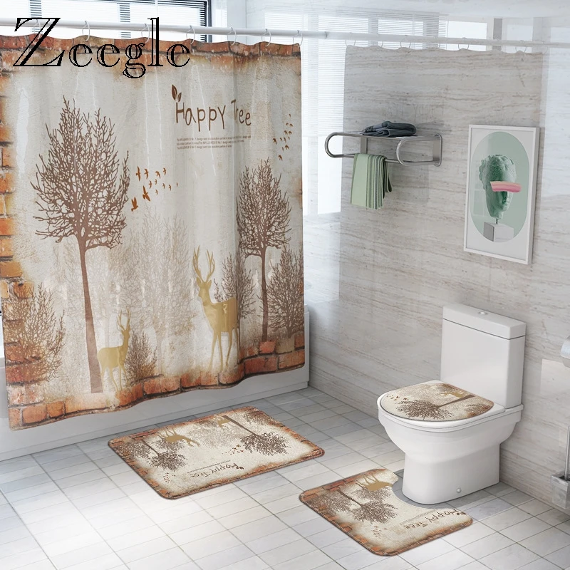 Happy Tree Printed Bathroom Cover Toilet Seat Set Waterproof Bathroom Curtain Shower Carpet Anti Slip Bath Mat Set Cover Toilet