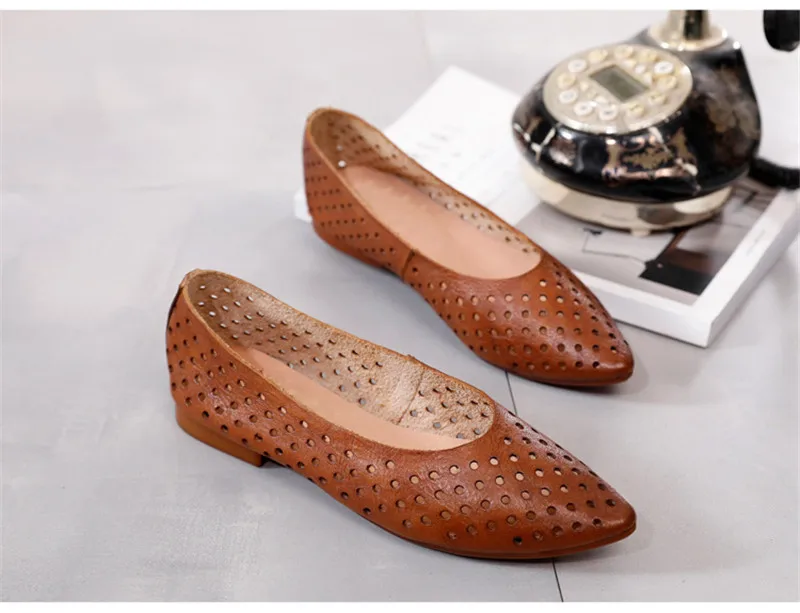 2020 Summer New Pointed Toe Women Flats Professional Casual Loafers Shoes Female Genuine Leather Hole Simple Flats Shoes Woman (6)