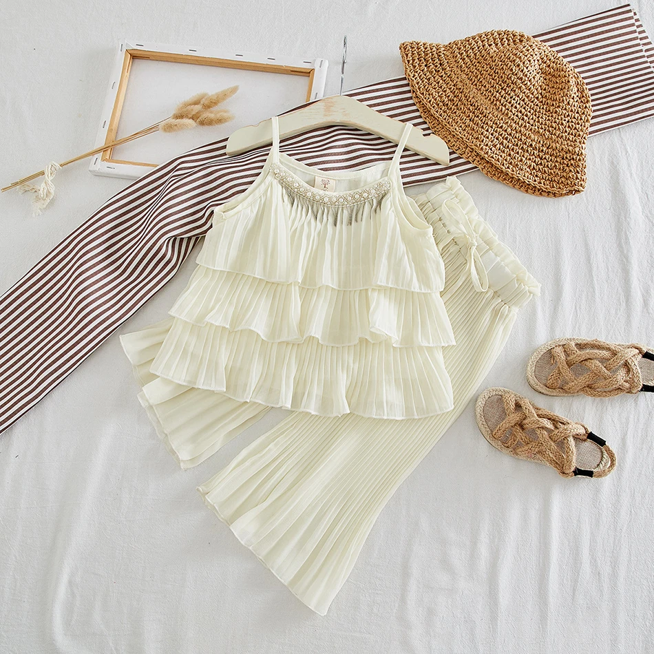 couple clothing sets Summer Fashion Little Girls Clothing Set Chiffon Pearl Pearl Stack-up Sun-top&Wide Leg Pants Korean Cute Kids Clothes Outfits clothing sets for toddler girl