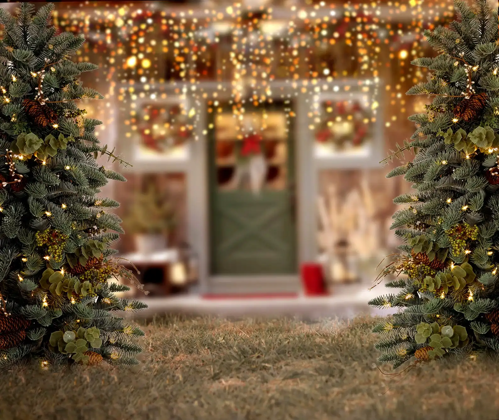 

glitter Christmas Backdrop Xmas green pine tree grass door Photo Background for kids family party portrait Studio Props ES-11