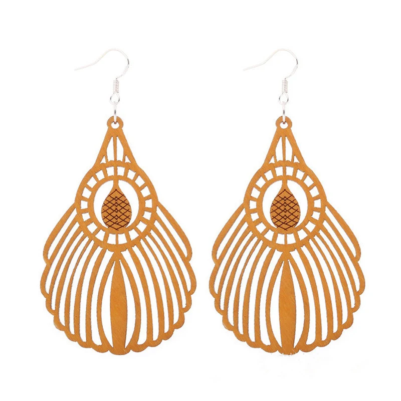 Wholesale Price Good Earrings Organic brown Hollow African Woman Wooden Brincos Jewelry