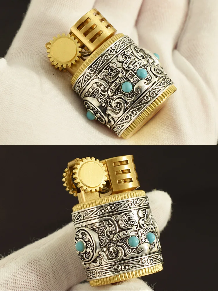 Description Picture 2 of itemNew Kerosene Lighter Collectible Silver Armor Chubby Portable Retro Creative Windproof Cigar Cigarette Accessories Men's Gift