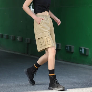 

High Waist Cargo Shorts Women Summer Solid Knee Length Safari Xxl Shorts Women Plus Size Cargo Teenage Shorts Harajuku HH50DK
