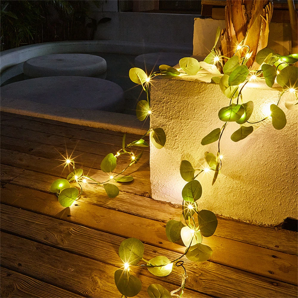 Battery Operated 2/10M Led Artificial Eucalyptus Green Leaf String Lights  Ivy Vine Garland Light for Wedding Party Home Decor