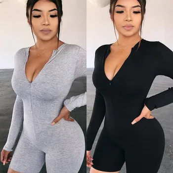

2020 Sexy Women Long Sleeve Deep V-neck Rompers Jumpsuit Front Zipper Bodycon Slim Causal Soft Homewear Shorts Jumpsuit Overalls