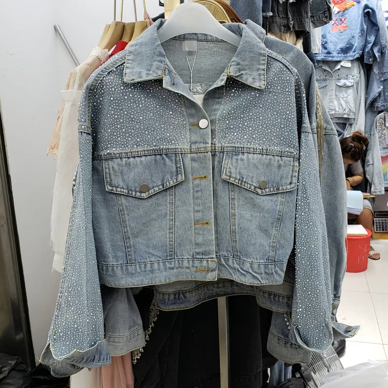 New  2019 Fall New Heavy Work Hot Drill Denim Jacket Woomens Short Jackets Female Black Long Sleeve Leis