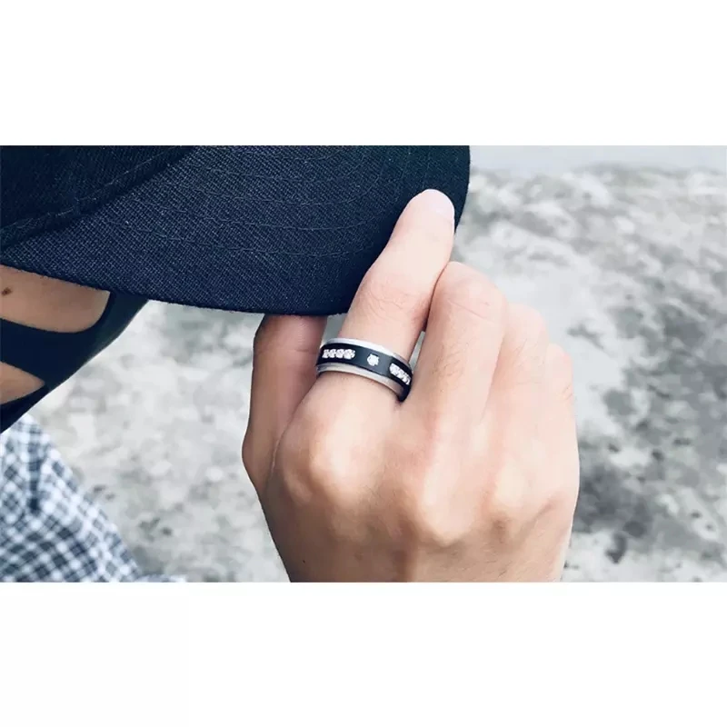 8mm Men Simple Ring Black White Inlaid Crystal Wedding Engagement Band Cocktail Party Jewelry