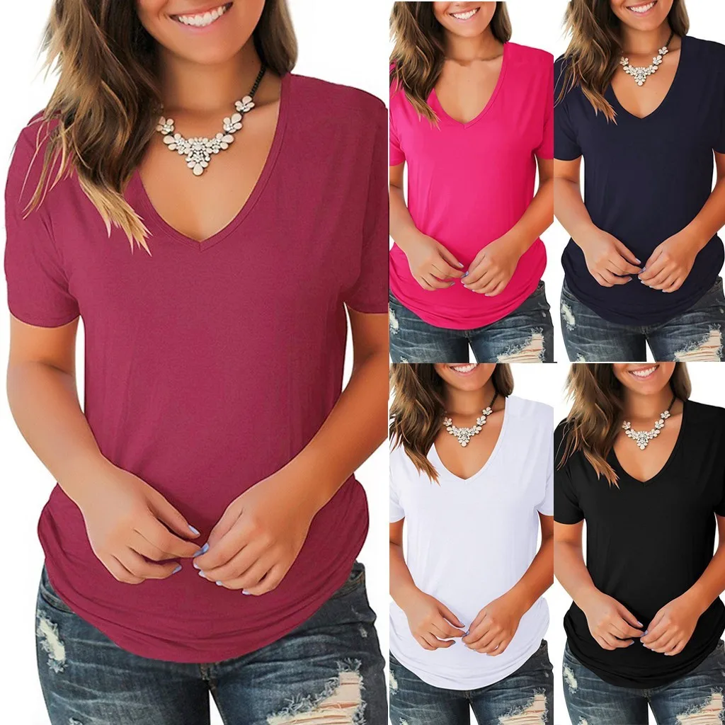 

Women Summer Solid Basic V Neck Short Sleeve Casual Slim Fit Top Blouse T-Shirt Short Sleeve Casual Slim Fit Top Blouse T-Shirt