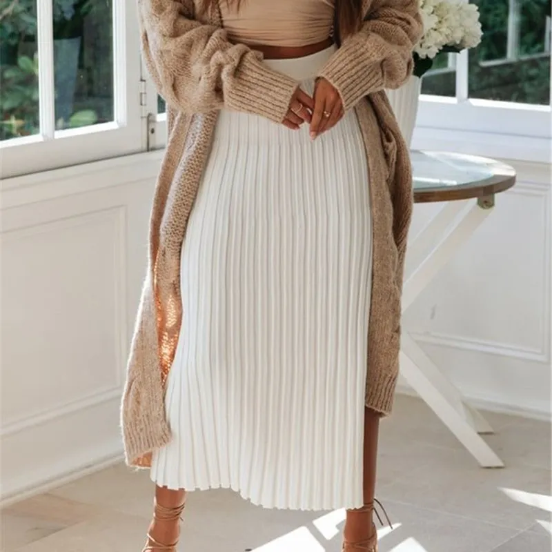 Women Sexy Ribbed Knitted Skirt Solid High Waist Split Maxi Skirt Streetwear Stretch Pleated Bodycon Skirt