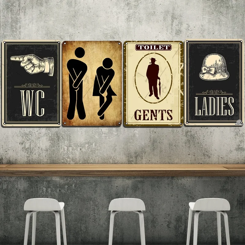 Metal Wall Signs Funny WC Sign Toilet Plate Tin Plaque KTV Bar BBQ Shop Bathroom Wall Decor Mural Home Vintage Photo