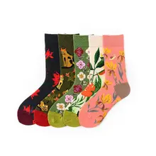 5 пар пары из материала на основе хлопка с цветочной печатью, новинка, Носки с рисунком средней длины трубки Для мужчин Для женщин носки