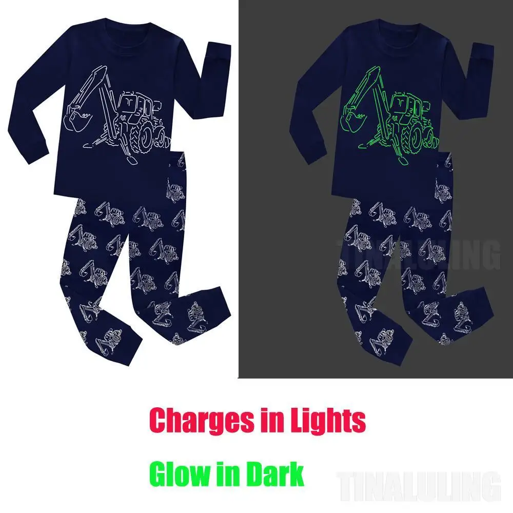 Kids Cotton Clothes Suit Full Sleeve Pyjama Boys Excavator Cartoon Pajamas Sets Kids Autumn Children Glow in the Dark Sleepwear