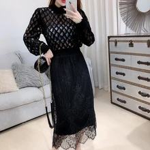 Корейская мода осень зима Женская Повседневная вязаная кружевная плиссированная юбка с высокой талией h69