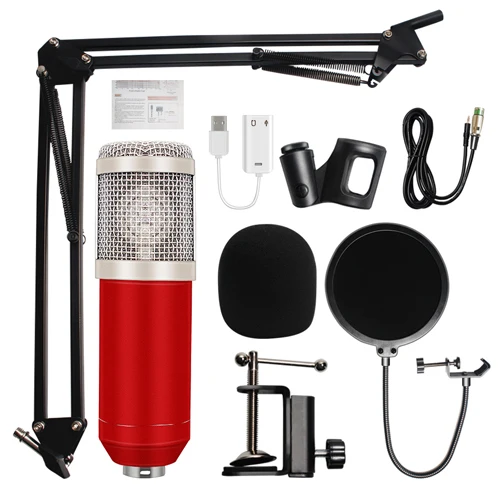 JKING BM-800 конденсаторный аудио 3,5 мм проводной Студийный микрофон вокальный записывающее устройство караоке Набор микрофонов микрофон с подставкой для компьютера - Color: Red and Silver