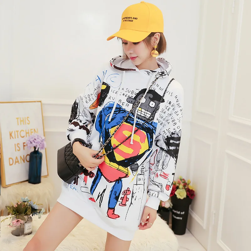 2019 Autumn Winter New Hoodies Sweat Womens Harajuku Cartoon Superman Graffiti Printed Casual Loose Fleece pullover Sweatshirts