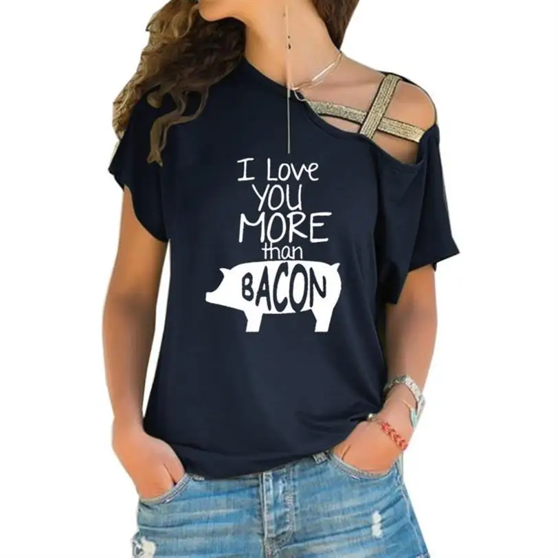 New Arrival Cross Bandage T-Shirt For Women I Love You More Than Bacon Letters Print Plus Size Cotton T-Shirt Harajuku Casual