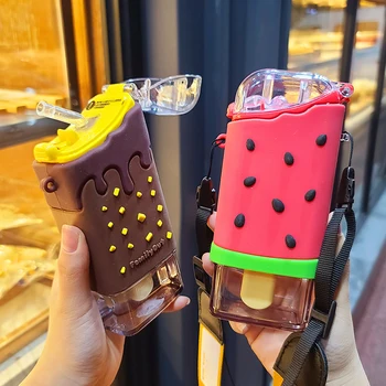 

New Summer Cute Donut Ice Cream Water Bottle With Straw Creative Square Watermelon Cup Portable Leakproof