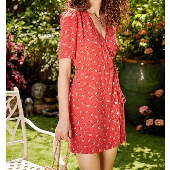 

Women V-neck Floral Mini Dress Side Buttons 2020 New Summer Dot Print Waist Slim Short Sleeve Dresses For Holiday