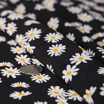 

New 20 Daisy Flower Print Mulberry Silk Fabric Crepe De Chine Black Bottom Fresh Skirt Shirt Fabric