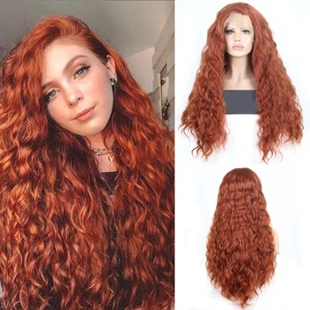 

AIMEYA Copper Red Hair Heat Resistant Fiber Lace Front Wigs for Women Kinky Curly Long Orangr Synthetic Wig with Side Part