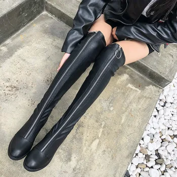 

Over the knee boots female 2019 winter stretch thin flat bottom women tight boot with front zipper plus velvet women's shoes