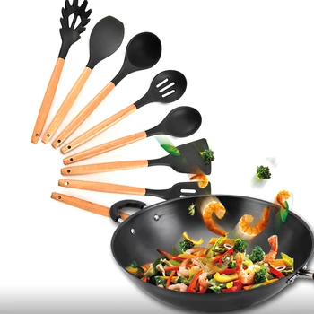 

8Pcs/set Silicone Kitchen Utensil Set Spatula Slotted Spoon with Wood Handle Baking Cooking Tools FP8