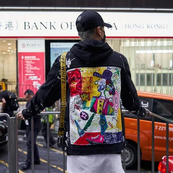 

Men Streetwear Graffiti Appliques printed Jeans Jacket Hipster Holes Loose Hip Hop motorcycle Cotton black Casual Denim Jackets