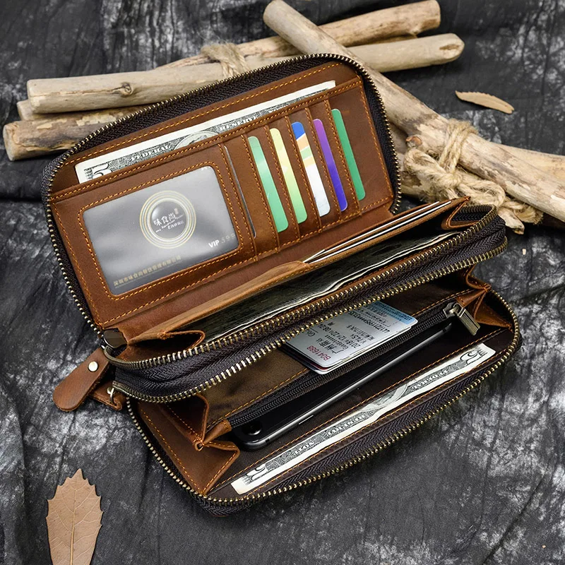 

Luufan Big Capacity Long Clutch Purse Double Zip Layer 6 Inch Phone Wallet With Wrist Sling Genuine Leather Big Purse Men Women