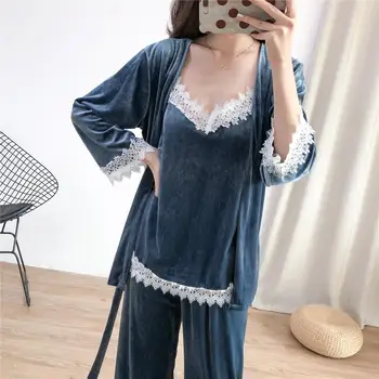 

Women's autumn and winter gold velvet sexy three-piece suit lace solid color long-sleeved cardigan home clothing