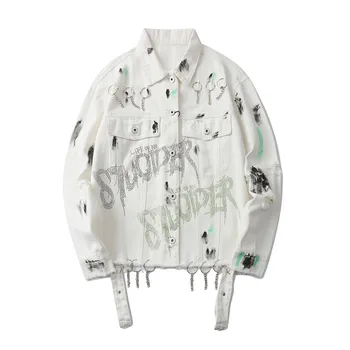 

Hip Hop Denim Jacket Men White Ripped Hole Streetwear Punk Letter Rhinestone Fashion Jeans Couple Vintage Moto Ribbon Jacket