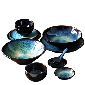 

ANTOWALL 2/4/6 person Dinner Set Japanese Bowl Set Household Ceramic Tableware Set Glaze Color Peacock Pattern Bowl Plate Set
