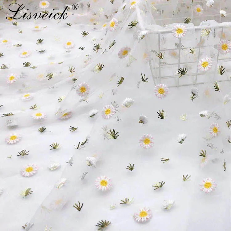 

1yard Embroidery Daisy flower Tulle Lace Fabric Transparent Net Material For Dress skirt Clothes DIY Accessories