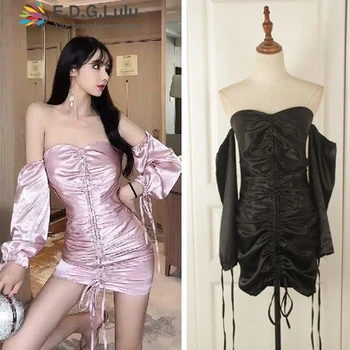 

EDGLuLu vintage mini dress chic sexy casual club party elegant pink long sleeve backless Lace fall 2019 women fall clothing