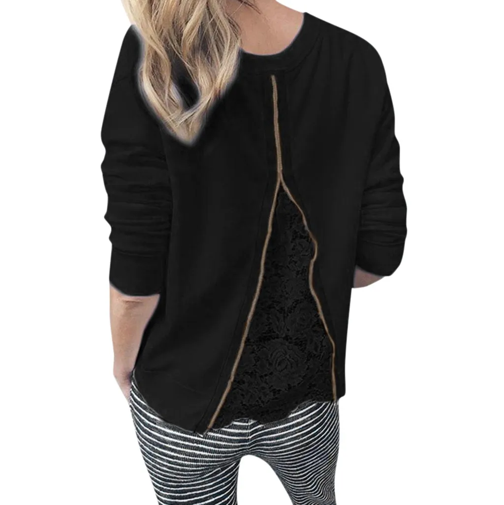 Осенняя модная однотонная кружевная блузка женская Повседневная футболка на молнии с круглым вырезом Топ Женская рубашка с длинными рукавами пуловер Blusa