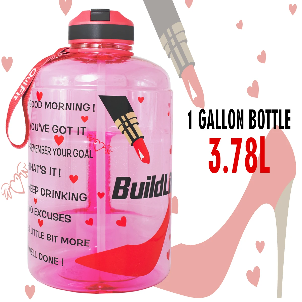 High Heels BuildLife 1 галлон бутылка для воды с соломенным маркером времени 3.78л 128 унций BPA бесплатно пластиковая большая емкость фитнес спорт воды кувшин - Цвет: High Heels