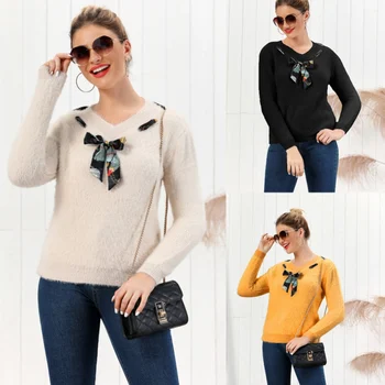

Women Knit Sweater V-neck Bow Lace-up Sweater Slim Bottoming Pullover Knit Tops Autumn