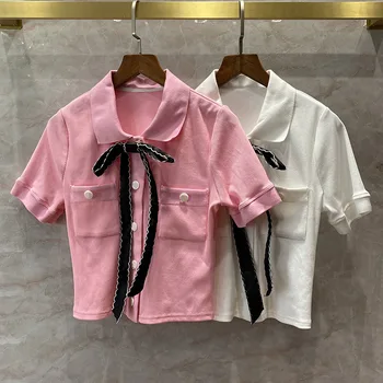 

Bow Tie Short Sleeve Knit Coat Cardigan Top Women 2020 Summer Turn-down Collar Short Sleeve Thin Coat Jacket Luxury Brand Coats