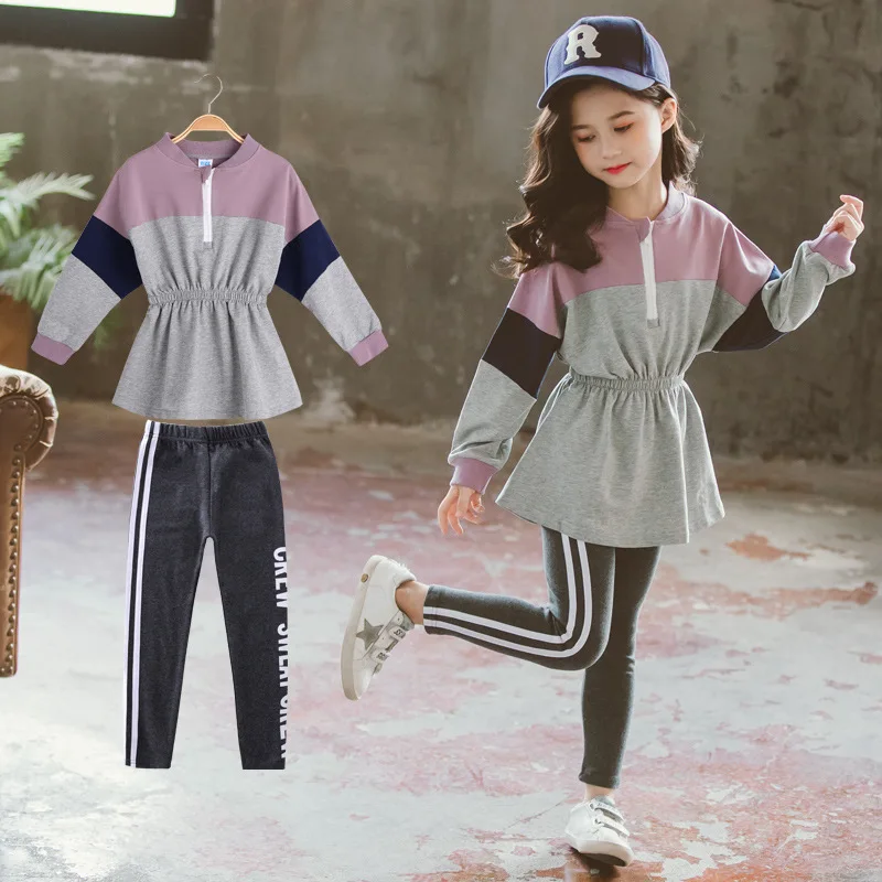

Sporty Girls CHILDREN'S Suit-Style Mixed Colors Waist Hugging Hoodie Two-Piece Autumn Big Kid Childrenswear