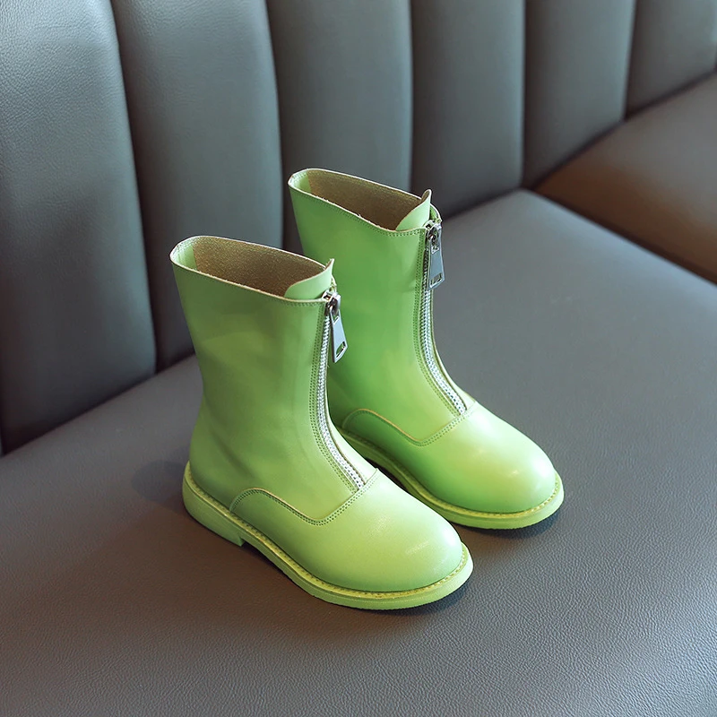 Новинка; сезон весна-осень; модные ботинки для девочек; кожаные зимние толстые теплые детские ботинки на молнии; зимние ботинки для малышей; обувь для маленьких детей - Цвет: Green