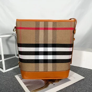 

New Contrast Color Leather Women's Fashionable Canvas Plaid Single Shoulder Bag Women's Cross-Body Bag Net Red Check Bucket Bag