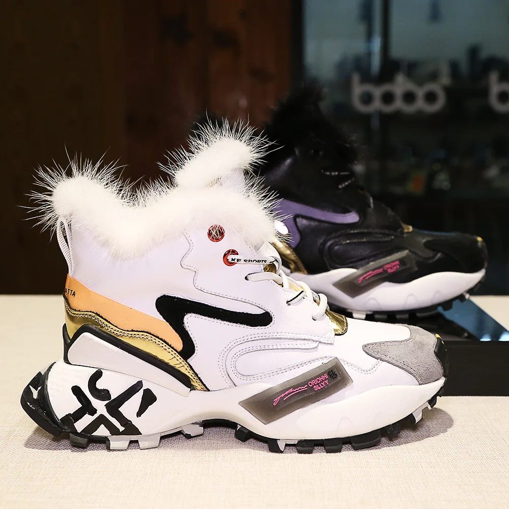 

Womens Genuine Leather Real Mink Fur Sneakers Warm Winter Platform Casual Korean Style Match Colors High Top Shoes Black White