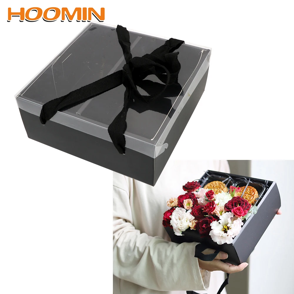 

HOOMIN With PVC Cover Flower Packaging Box Flower Dessert Gift Box Folding Flower Paper Box Portable Flower Boxes